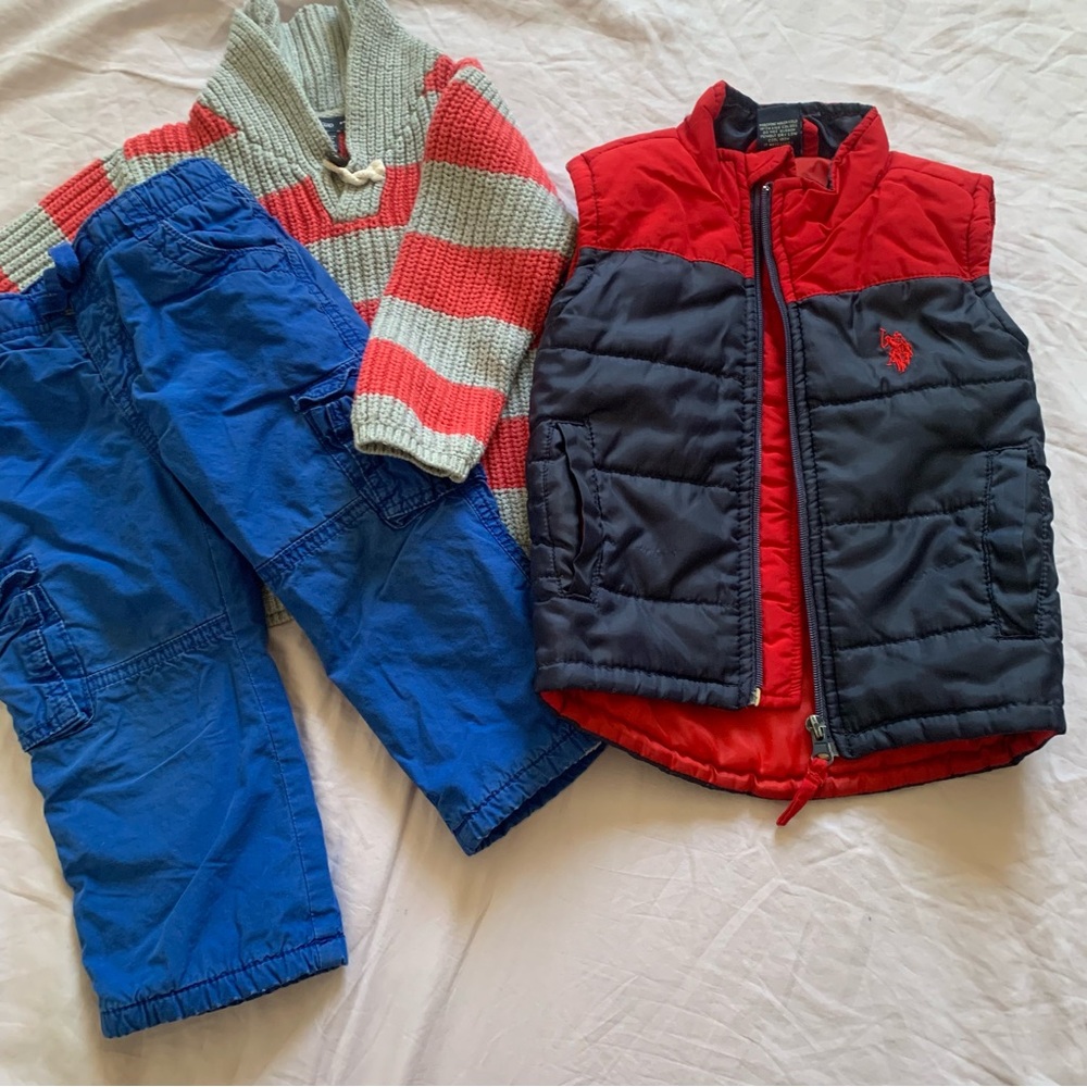 Warm Cozy Toddlers Bundle 3pc Lot Snow Pants Sweater Knit Puffy Vest  Cotton 18M